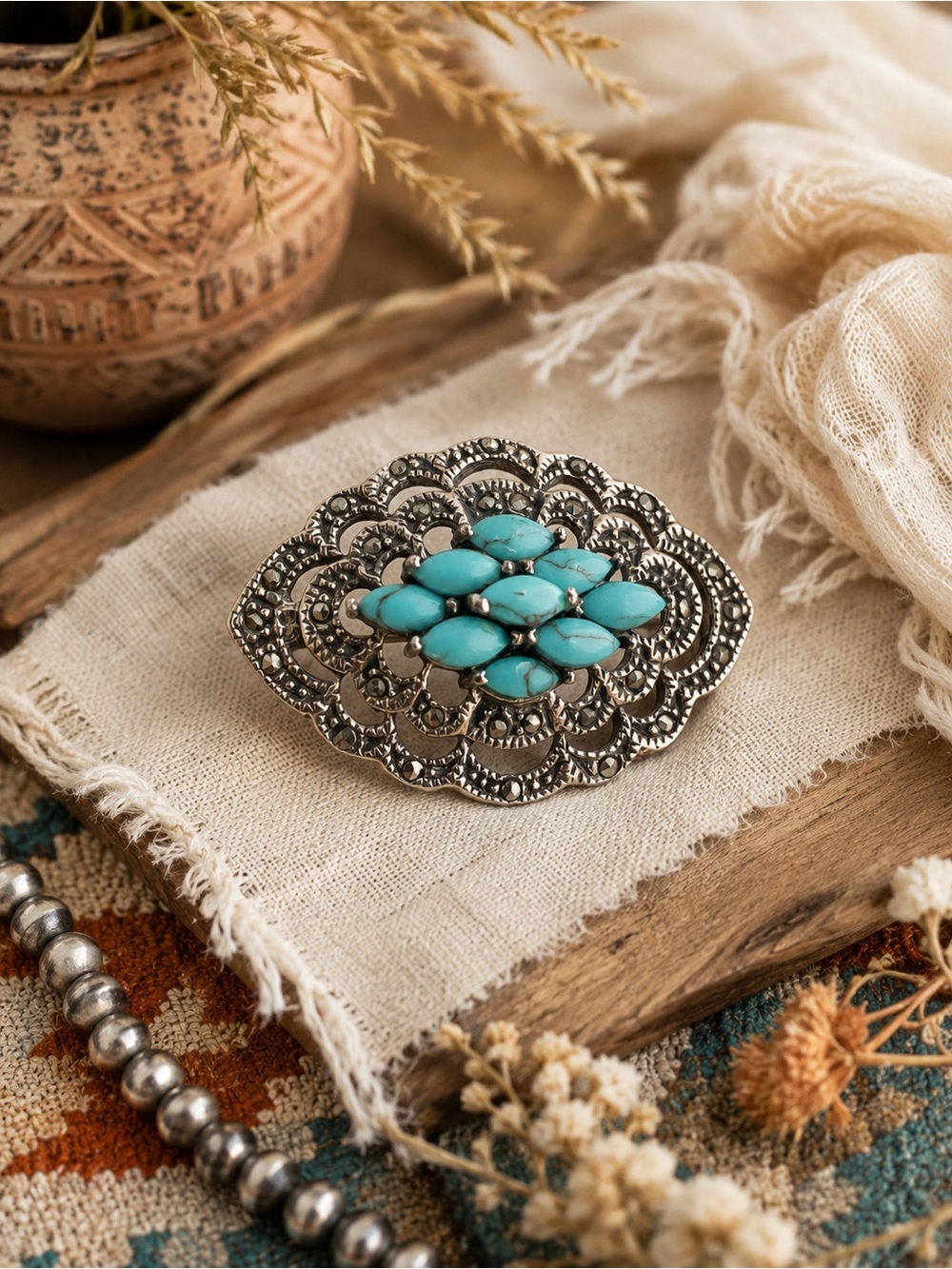 Vintage Sterling Silver Marcasite Blue Cabochon Brooch Southwestern Style Pin